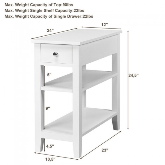 Honhorrs Slim Three-Level End Table with Sliding Drawer and Two Open Shelves for Bedside Storage