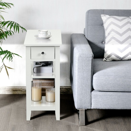 Honhorrs Slim Three-Level End Table with Sliding Drawer and Two Open Shelves for Bedside Storage