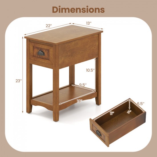 Honhorrs Pair of Narrow End Tables, Drawer Storage and Lower Shelves with Solid Rubberwood Legs