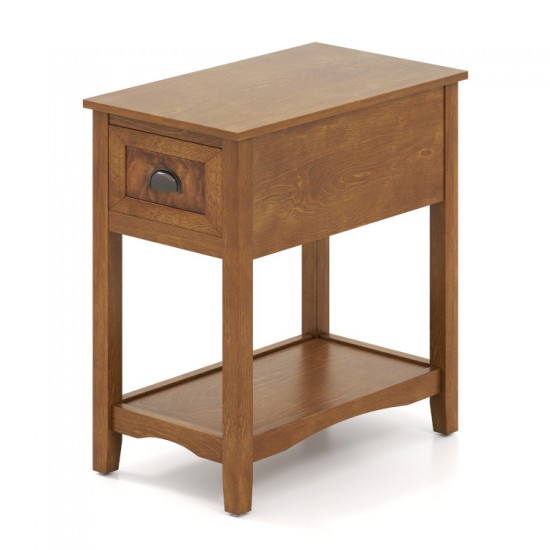 Honhorrs Chairside End Table with Drawer, Open Lower Shelf, Rubber Wood Legs and Metal Pull Handle