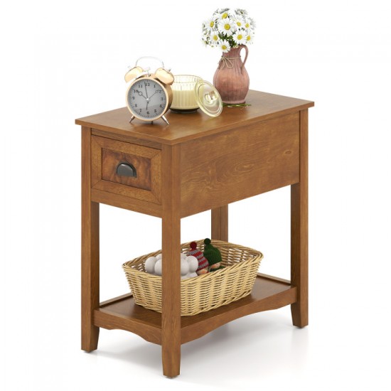 Honhorrs Chairside End Table with Drawer, Open Lower Shelf, Rubber Wood Legs and Metal Pull Handle