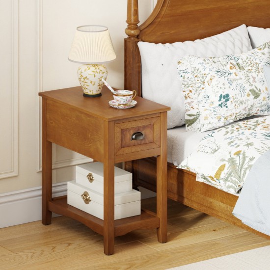 Honhorrs Chairside End Table with Drawer, Open Lower Shelf, Rubber Wood Legs and Metal Pull Handle