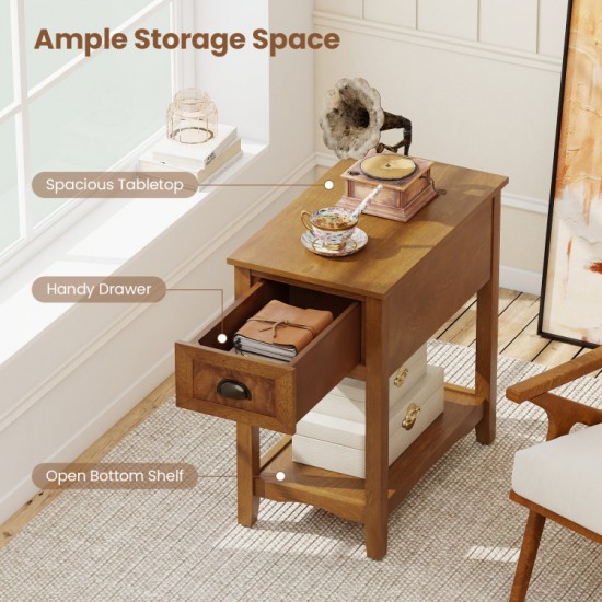 Honhorrs Chairside End Table with Drawer, Open Lower Shelf, Rubber Wood Legs and Metal Pull Handle