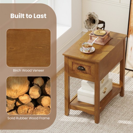 Honhorrs Chairside End Table with Drawer, Open Lower Shelf, Rubber Wood Legs and Metal Pull Handle