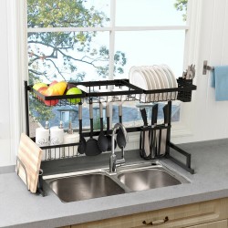 Honhorrs Two-Tier Over-Sink Dish Rack, Stainless Steel Frame with Removable Holders and Suction Feet