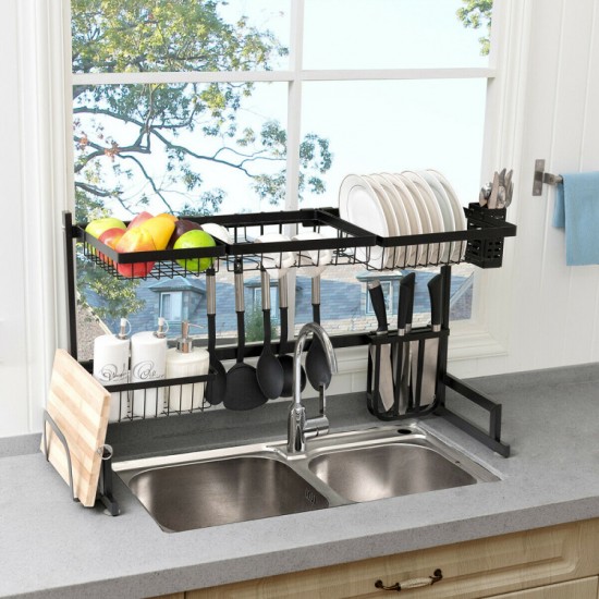 Honhorrs Two-Tier Over-Sink Dish Rack, Stainless Steel Frame with Removable Holders and Suction Feet