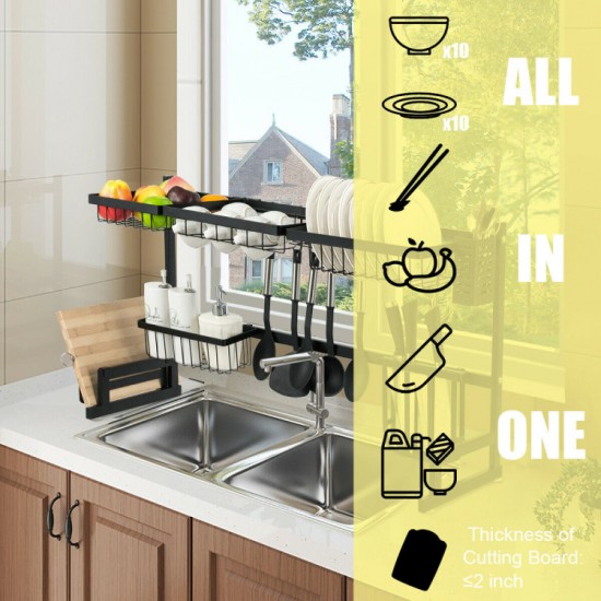 Honhorrs Two-Tier Over-Sink Dish Rack, Stainless Steel Frame with Removable Holders and Suction Feet
