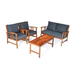 XVX Four-Piece Wooden Patio Seating Set, Clear-Varnished Frames with Zippered Seat Cushions