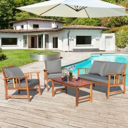 XVX Four-Piece Wooden Patio Seating Set, Clear-Varnished Frames with Zippered Seat Cushions