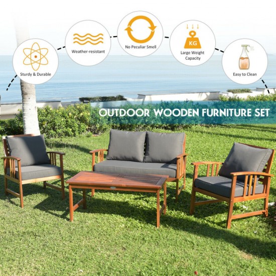 Honhorrs Four-Piece Wooden Patio Seating Set, Clear-Varnished Frames with Zippered Seat Cushions