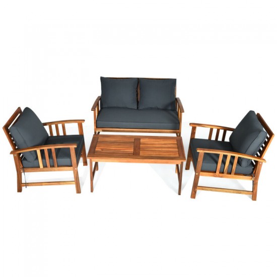 Honhorrs Four-Piece Wooden Patio Seating Set, Clear-Varnished Frames with Zippered Seat Cushions