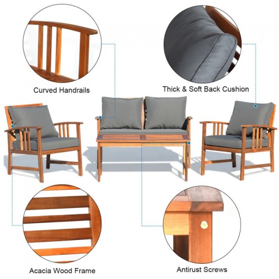 Honhorrs Four-Piece Wooden Patio Seating Set, Clear-Varnished Frames with Zippered Seat Cushions