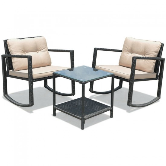 Honhorrs Three-Piece Rattan Patio Rocking Set with Two Cushioned Chairs and Glass-Top Side Table