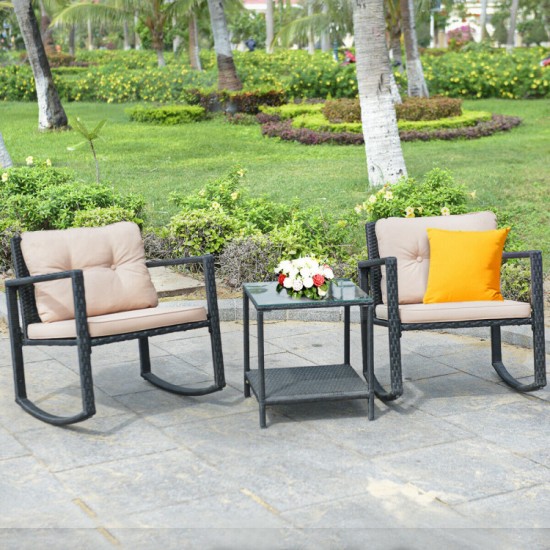Honhorrs Three-Piece Rattan Patio Rocking Set with Two Cushioned Chairs and Glass-Top Side Table