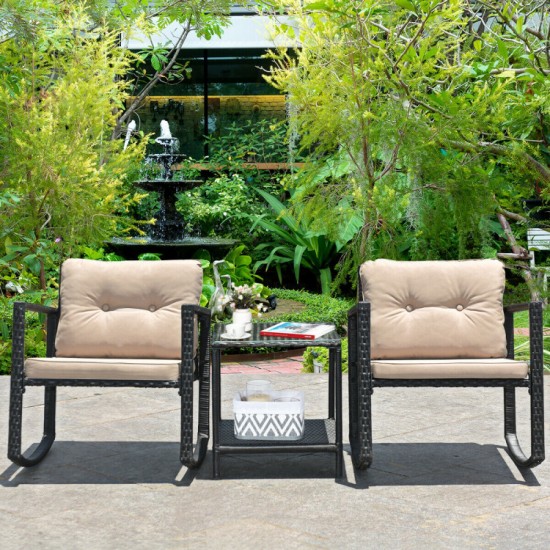 Honhorrs Three-Piece Rattan Patio Rocking Set with Two Cushioned Chairs and Glass-Top Side Table