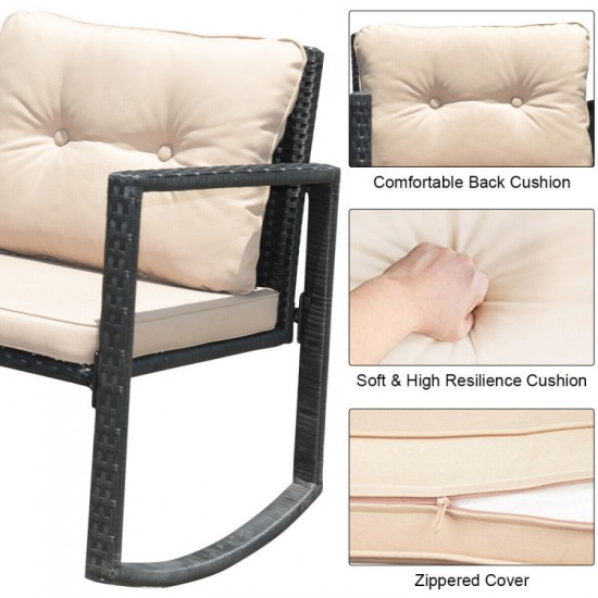 Honhorrs Three-Piece Rattan Patio Rocking Set with Two Cushioned Chairs and Glass-Top Side Table