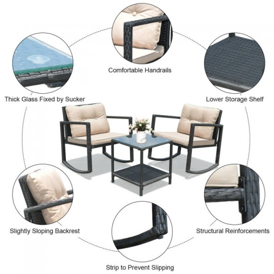 Honhorrs Three-Piece Rattan Patio Rocking Set with Two Cushioned Chairs and Glass-Top Side Table