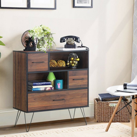 Honhorrs Raised-Leg Storage Sideboard, Single Drawer with Two Open Shelves and Two Cabinet Sections
