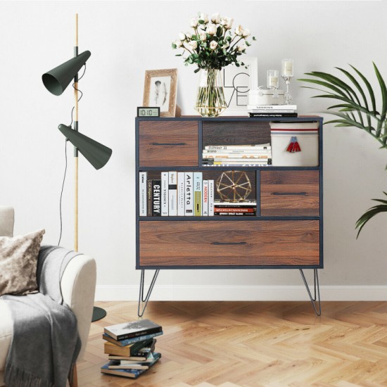 Honhorrs Raised-Leg Storage Sideboard, Single Drawer with Two Open Shelves and Two Cabinet Sections