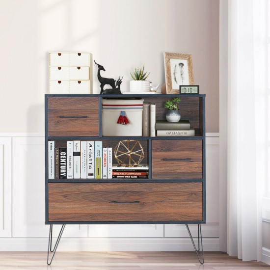 Honhorrs Raised-Leg Storage Sideboard, Single Drawer with Two Open Shelves and Two Cabinet Sections
