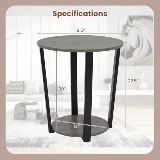 Honhorrs Round Two-Tier End Table, Removable Lower Shelf and Raised Tray Edge with Adjustable Feet