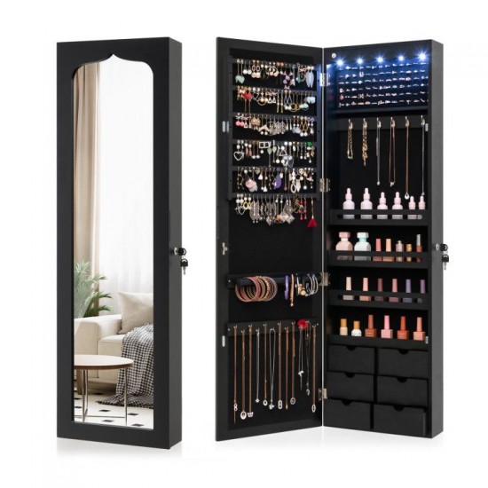 Honhorrs Lockable Wall or Door Jewelry Mirror Cabinet with 5 LEDs, 84 Ring Slots and 6 Drawers