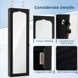 XVX Lockable Wall or Door Jewelry Mirror Cabinet with 5 LEDs, 84 Ring Slots and 6 Drawers