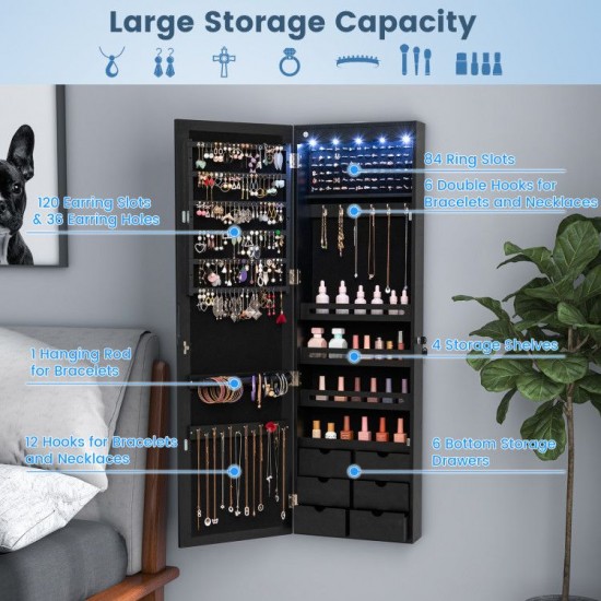 Honhorrs Lockable Wall or Door Jewelry Mirror Cabinet with 5 LEDs, 84 Ring Slots and 6 Drawers