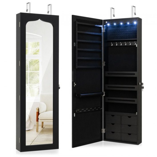 Honhorrs Lockable Wall or Door Jewelry Mirror Cabinet with 5 LEDs, 84 Ring Slots and 6 Drawers
