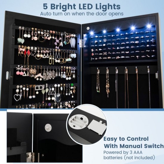 Honhorrs Lockable Wall or Door Jewelry Mirror Cabinet with 5 LEDs, 84 Ring Slots and 6 Drawers
