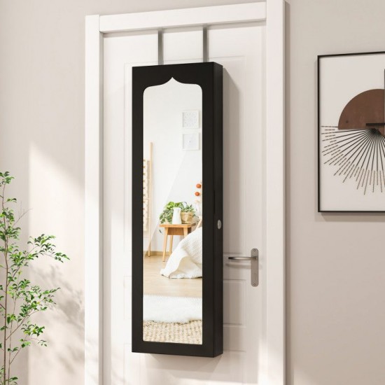 Honhorrs Lockable Wall or Door Jewelry Mirror Cabinet with 5 LEDs, 84 Ring Slots and 6 Drawers