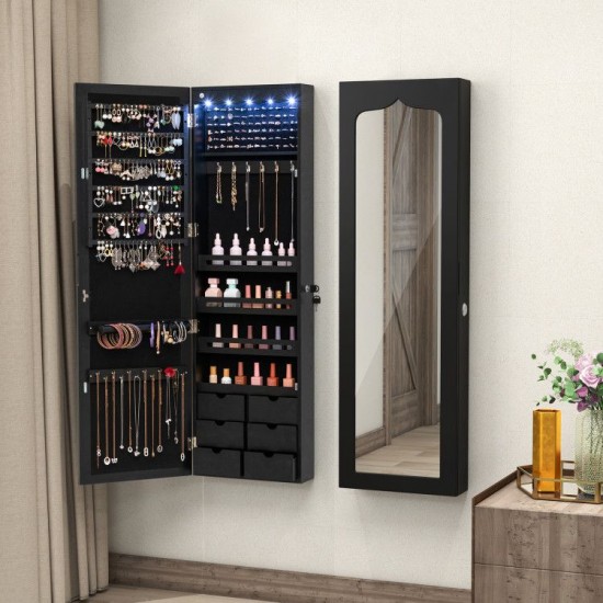 Honhorrs Lockable Wall or Door Jewelry Mirror Cabinet with 5 LEDs, 84 Ring Slots and 6 Drawers