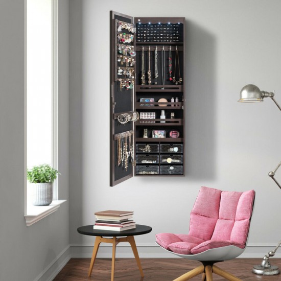 Honhorrs Hanging Mirror Jewelry Cabinet, Five Interior LED Lights and Lockable Door or Wall Storage