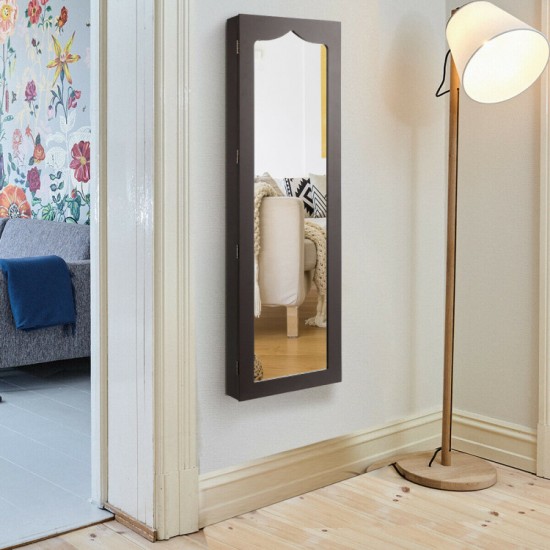 Honhorrs Hanging Mirror Jewelry Cabinet, Five Interior LED Lights and Lockable Door or Wall Storage