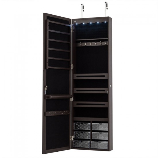 Honhorrs Hanging Mirror Jewelry Cabinet, Five Interior LED Lights and Lockable Door or Wall Storage