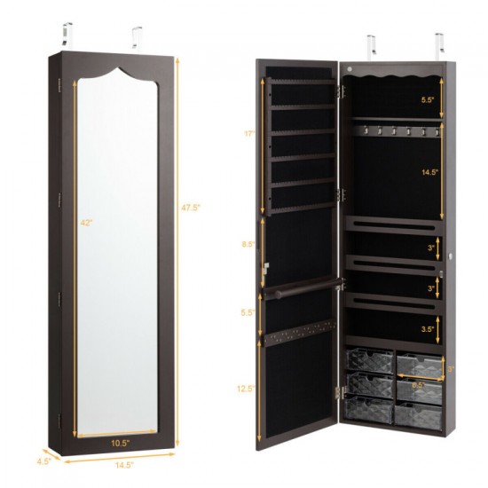 Honhorrs Hanging Mirror Jewelry Cabinet, Five Interior LED Lights and Lockable Door or Wall Storage