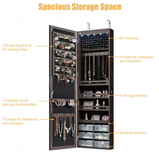 Honhorrs Hanging Mirror Jewelry Cabinet, Five Interior LED Lights and Lockable Door or Wall Storage