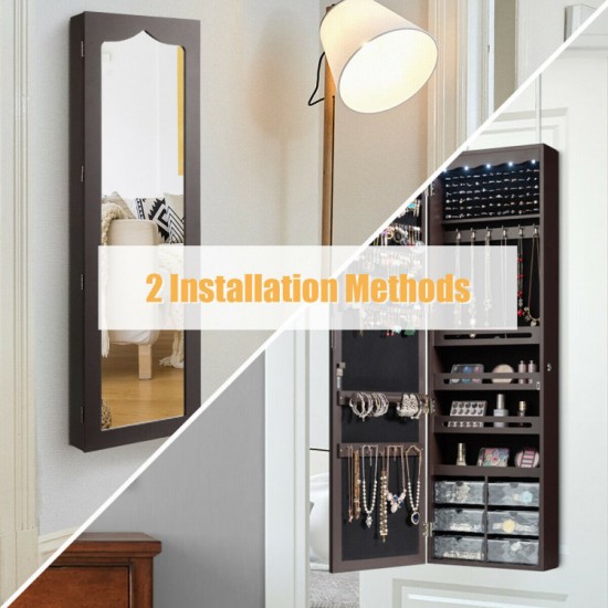 Honhorrs Hanging Mirror Jewelry Cabinet, Five Interior LED Lights and Lockable Door or Wall Storage