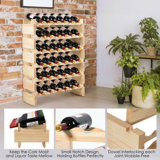Honhorrs 36-Bottle Modular Wooden Wine Rack with Stackable Sections and Horizontal Bottle Rests