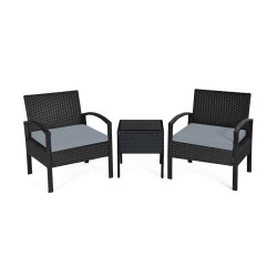 Honhorrs Cushioned Three-Piece Patio Conversation Set, Woven Rattan Seating and Tempered-Glass Table