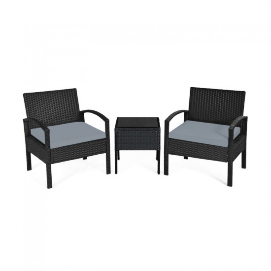 Honhorrs Cushioned Three-Piece Patio Conversation Set, Woven Rattan Seating and Tempered-Glass Table