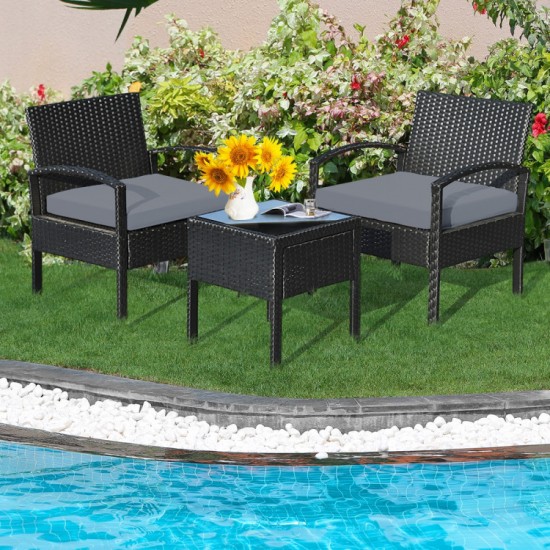 Honhorrs Cushioned Three-Piece Patio Conversation Set, Woven Rattan Seating and Tempered-Glass Table