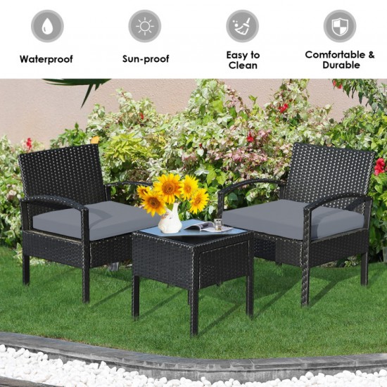 Honhorrs Cushioned Three-Piece Patio Conversation Set, Woven Rattan Seating and Tempered-Glass Table