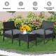 Honhorrs Cushioned Three-Piece Patio Conversation Set, Woven Rattan Seating and Tempered-Glass Table