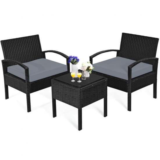 Honhorrs Cushioned Three-Piece Patio Conversation Set, Woven Rattan Seating and Tempered-Glass Table