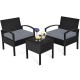 Honhorrs Cushioned Three-Piece Patio Conversation Set, Woven Rattan Seating and Tempered-Glass Table