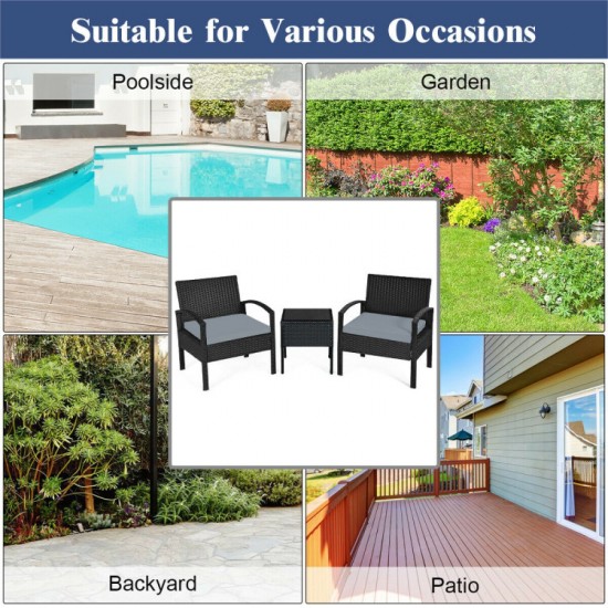 Honhorrs Cushioned Three-Piece Patio Conversation Set, Woven Rattan Seating and Tempered-Glass Table