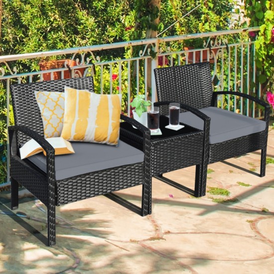 Honhorrs Cushioned Three-Piece Patio Conversation Set, Woven Rattan Seating and Tempered-Glass Table