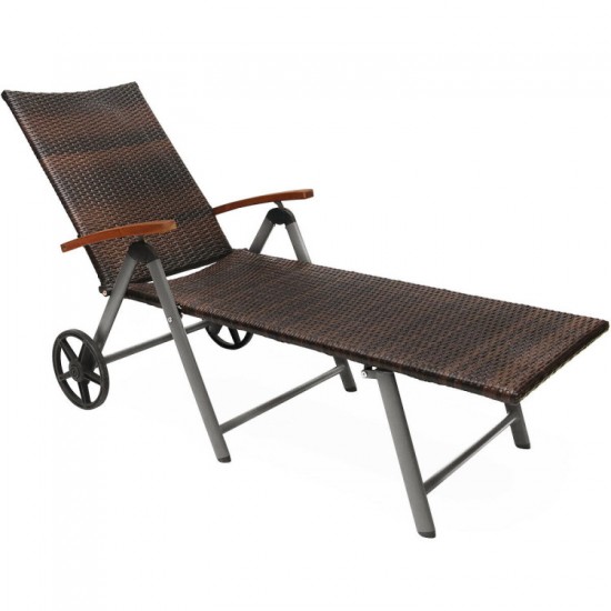 Honhorrs Aluminum Folding Patio Chaise, Seven Recline Settings with Rattan, Cushion and Two Wheels
