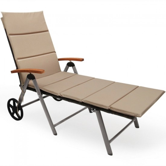 Honhorrs Aluminum Folding Patio Chaise, Seven Recline Settings with Rattan, Cushion and Two Wheels